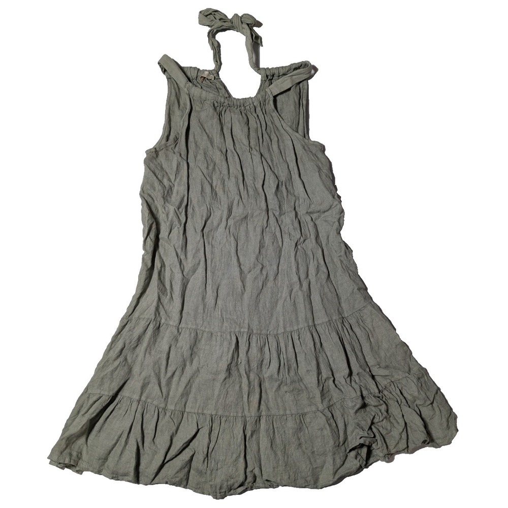 BellaUmbra Green Drab Linen Halter Tie Back Sundress Women Medium Made In Italy
